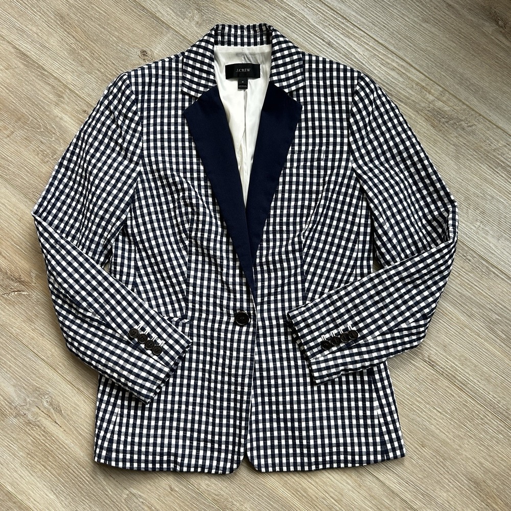 J Crew Blazer Jacket Womens Size 4 Parke Navy Blue Cream Gingham Plaid‎